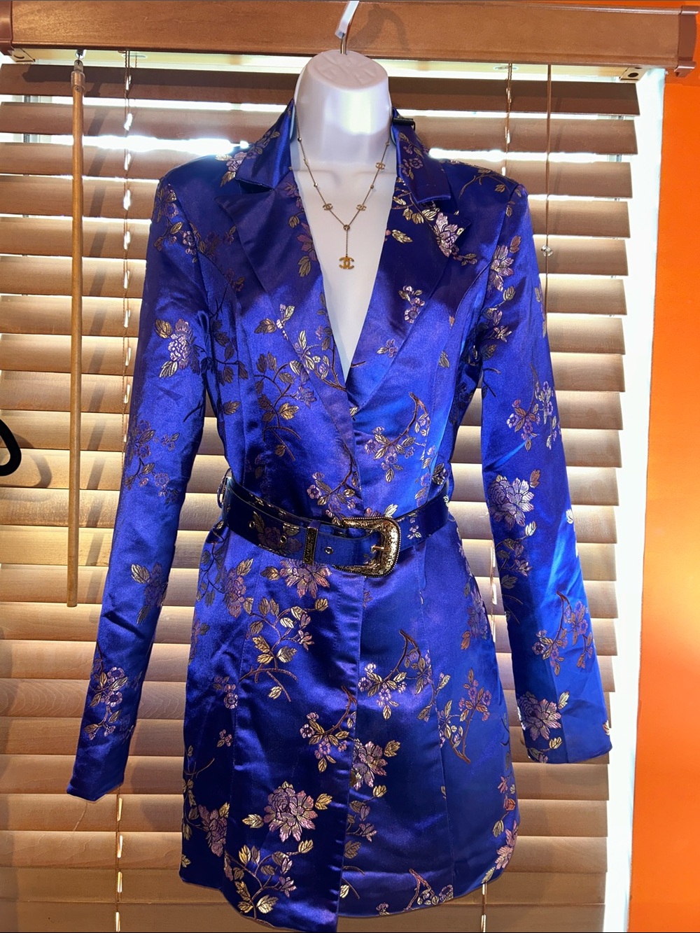 PrettyLittleThing Royal Blue Satin Floral Mini Dress with Gold Accents